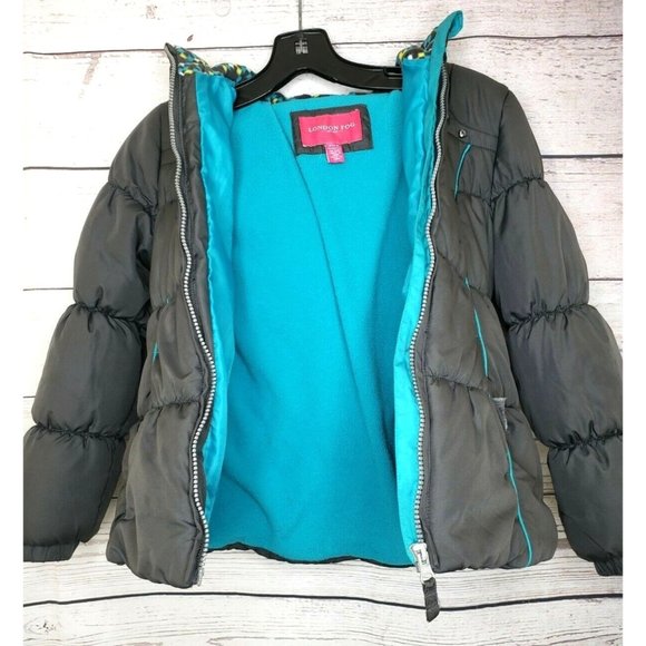 London Fog Girls Gray With Teal Trim Diamond Embroidered Hooded Jacket Small 7/8 - Picture 1 of 12